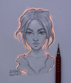 a pencil drawing of a woman's face with light coming from her eyes and hair