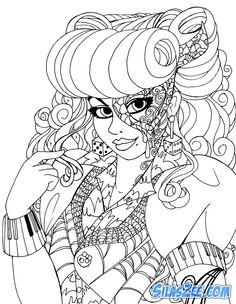 an adult coloring page featuring a girl with long hair and big eyes, wearing glasses