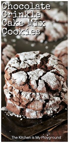 chocolate crinkle cake mix cookies are stacked on top of each other