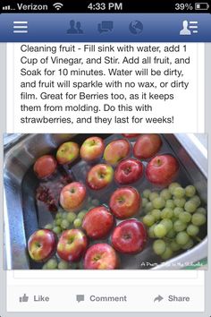 an image of apples and grapes being washed in a sink with the caption saying, cleaning fruit - fill with water, add 1 cup of vinegar