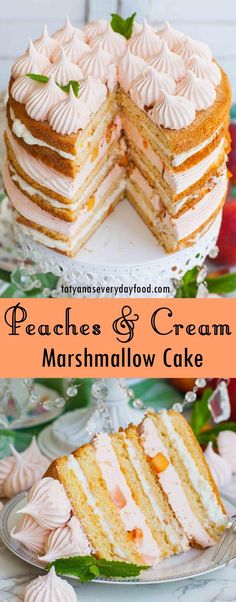 peaches and cream marshmallow cake on a plate with one slice cut out