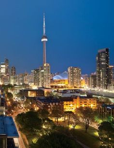 the city skyline is lit up at night