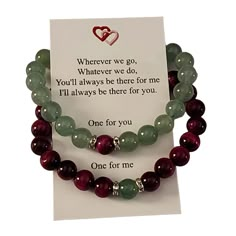 "Matching set of gemstone bracelets for couples, friends, or family Remind yourself of the special relationships you have with those that you adore with these couples/distance bracelets. Each set comes in a complimentary gift box with a note that reads: \"Wherever we go, Whatever we do, You'll always be there for me I'll always be there for you. One for you One for me\" Perfect for gift giving ; Christmas, Valentine's day, Birthday, long distance relationships or just friendships Rose Red Tiger Eye and Green Aventurine Bracelets are made with high quality, AAA grade genuine natural semi-precious 8mm gemstones and include a magnetic clasp to attach to one another.  (Your choice of silver or gold settings) Available in several sizes.  Measure your wrist by wrapping a fabric tape measure arou Friendship Gemstone Beaded Bracelets, Friendship Beaded Bracelets With Gemstone Beads, Green Bracelets For Valentine's Day Gift, Green Bracelet For Valentine's Day Gift, Valentine's Day Gift Bracelets With Natural Stones, Just Because Gifts For Friends, Green Friendship Bracelet, Matching Friendship Bracelets, Friendship Rose