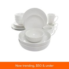 white dishes and cups are stacked on top of each other with the words $ 50 & under