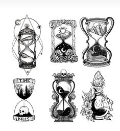 six different types of hourglasses in black and white