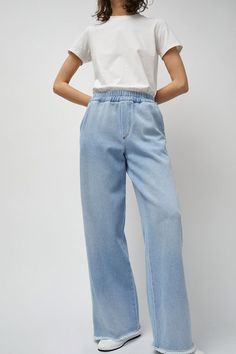 Façon Jacmin Polly Elastic Waist Jean in Light Blue Light Blue Wide Leg Pants, Elastic Waist Jeans, Japanese Denim, Denim Design, Short Pants, Leg Jeans, Wide Leg Pants, Cool Girl, Fitness Models