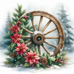 a watercolor painting of a wagon wheel with poinsettis and pine cones