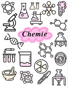 the word chemie surrounded by doodles of science related items in pink and black