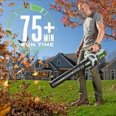 a man holding a leaf blower in front of a house with the words 75 minutes on it