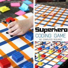 a child playing with legos on a checkerboard board and text reading superhero cooling game no computer required