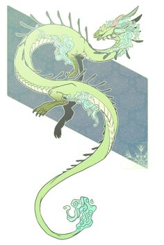 a drawing of a green dragon on a blue and white background