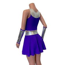 a woman in a short purple dress with silver armor on her arm and leg,