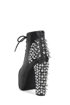 Our beloved LITA style with spike details Fits true to size Measurements taken from a size 7 5" Heel, 2.5" Platform Leather Upper, Leather Lining, Synthetic Sole Zipper & Lace-up closure Goth Platform Shoes, Jeffrey Campbell Platform, Jeffrey Campbell Lita, Lita Ford, Flat Wedges, Funky Shoes, Cork Sandals, Spike Heels, Platform Stilettos