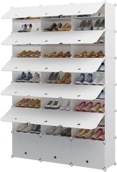 a white shoe rack filled with lots of shoes