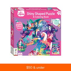 the jigsaw shiny shaped puzzle has unicorns and other animals on it's side