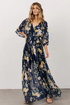 Kia Kimono Maxi Dress | Navy Floral | Baltic Born Kimono Maxi Dress, Embellished Maxi Dress, Baltic Born, Maxi Bridesmaid Dresses, Beautiful Dress Designs, Ruched Midi Dress, Kimono Sleeves, Maxi Dress Navy, Satin Maxi