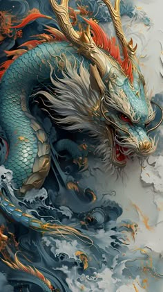 a painting of a dragon with red and yellow feathers on it's head in the water