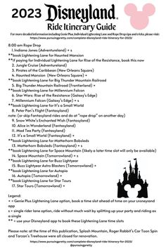 the disneyland ride itinerary guide is shown in black and white with pink lettering