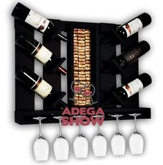 there is a wine rack with bottles and glasses hanging from it's sides that has the words adega show on it