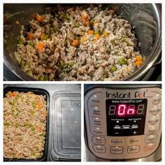 three pictures show the process of cooking rice and vegetables in an instant pot, including meat