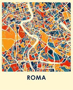 a map of rome with the name roma in blue and orange on it's side