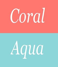 the words coral, aqua and pink are in white letters on two different colored squares