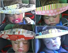 four pictures of children sleeping in carseats with hats on their heads and one has a pacifier in his mouth