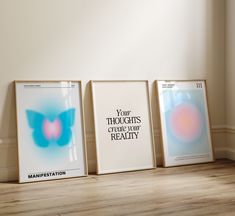 three framed art prints on the floor in front of a wall with an inspirational quote