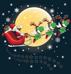 santa's sleigh with reindeers flying in front of the moon and stars