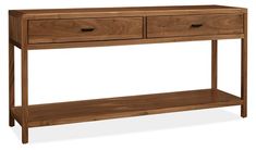 a wooden console table with two drawers on one side and an open drawer on the other