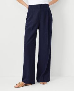 Our single pleated wide-leg pant is a modern must-have with a perfect drape and high waist that endlessly flatters. Front zip with double hook-and-bar closure. Belt loops. Front pleats. Front off-seam pockets. Back besom pockets.,Leg Shape:Leg Shape: Wide Leg – a modern must-have with a statement leg and Flattering high waist,Rise:High rise: sits 1/2" to 1" below natural waist,Imported:Imported,Fit:Fit: Relaxed & easy,Length:Full length: 31" inseam with 26 1/2" leg opening,Fabrication:67% Lyocel Navy Dress Pants Women, Navy Trousers, Navy Blue Dress Pants, Romantic Classic, Navy Dress Pants, Current Obsession, Slacks For Women, Womens Dress Pants