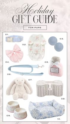 the holiday gift guide for puppies is shown in white and blue with pink bows