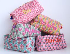 Personalize your cosmetic pouches! Makes for a great gift to friends, bridesmaids or as party favors. Pick an assortment of block print fabric cosmetic pouches. Large and spacious, the bags will fit full size bottles of your favorite toiletries.  These make for fun gifts! Pick these as Bridesmaid gifts, for travel essentials, makeup storage, for storing delicates or for hoarding stationery if you like. These spacious bright bohemian bags will add a ray of sunshine to your day! Our Floral pouch f Personalized Toiletry Bag, Cute Makeup Bags, Hand Painted Beads, Make Up Bags, Bohemian Bags, Indian Block Print, Pencil Bags, Block Printing Fabric, Makeup Bags