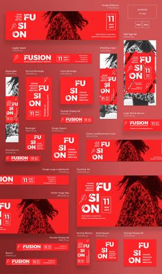 a red and black poster with the words fuson on it in different font styles