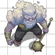 an image of a cartoon character with a big beard and white hair, holding a shovel