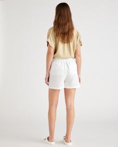 Relaxed and lightweight, these shorts are equally perfect for lounging around or stepping out to see friends. Made from soft, 100% organic linen, they’re a perfect addition for the warm weather.  | Quince | Women's Shorts in White, Size Large, Linen Comfortable Relaxed Fit Shorts For Spring, Effortless Summer Loungewear Bottoms, Relaxed Fit Linen Shorts For Vacation, Casual Linen Shorts For Day Out, Casual Linen Shorts For Spring, Effortless Relaxed Fit Summer Bottoms, Linen Summer Loungewear Bottoms, Linen Bottoms For Summer Loungewear, Relaxed Linen Shorts For Vacation