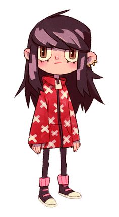 a drawing of a girl with long black hair wearing a red coat and pink shoes