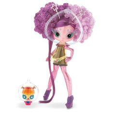 a doll with purple hair is next to an orange and white ballon shaped object