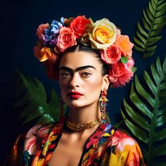 a woman with flowers in her hair wearing a floral headdress and necklaces