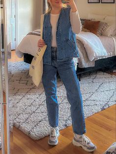 Denim Vest With Long Sleeve Shirt, Winter Denim Vest Outfit, Jeans Waistcoat Woman Outfit, Vintage Jean Vest Outfits, Canadian Tuxedo Outfit, 90s Denim Vest Outfit, Denim Vest Jacket Outfit, How To Wear A Denim Vest, Denim Vest Winter Outfit