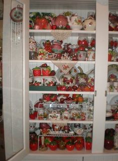 an open cabinet filled with lots of fruit and vegetables