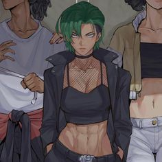 an anime character with green hair standing in front of other characters and looking at the camera