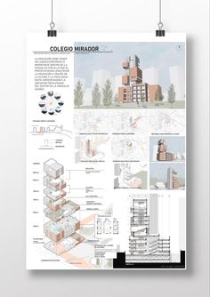 a poster hanging on the wall showing different architectural styles and features, including an office building