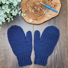 two blue crocheted mittens sitting on top of a wooden table next to a potted plant