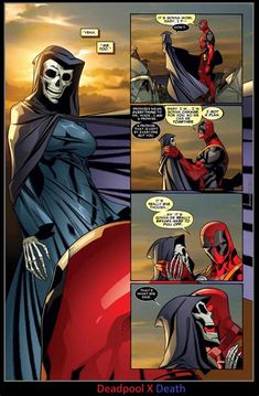 a comic page with deadpool and skeleton