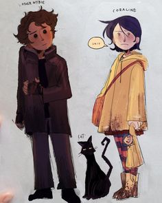 two people standing next to each other near a black cat