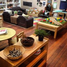 a living room filled with furniture and lots of plants on top of wooden tables next to each other