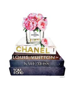 three books stacked on top of each other with pink flowers in the bottle and chanel perfume