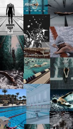 a collage of photos with people swimming in the water