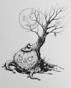 a black and white drawing of a jack - o'- lantern sitting under a tree